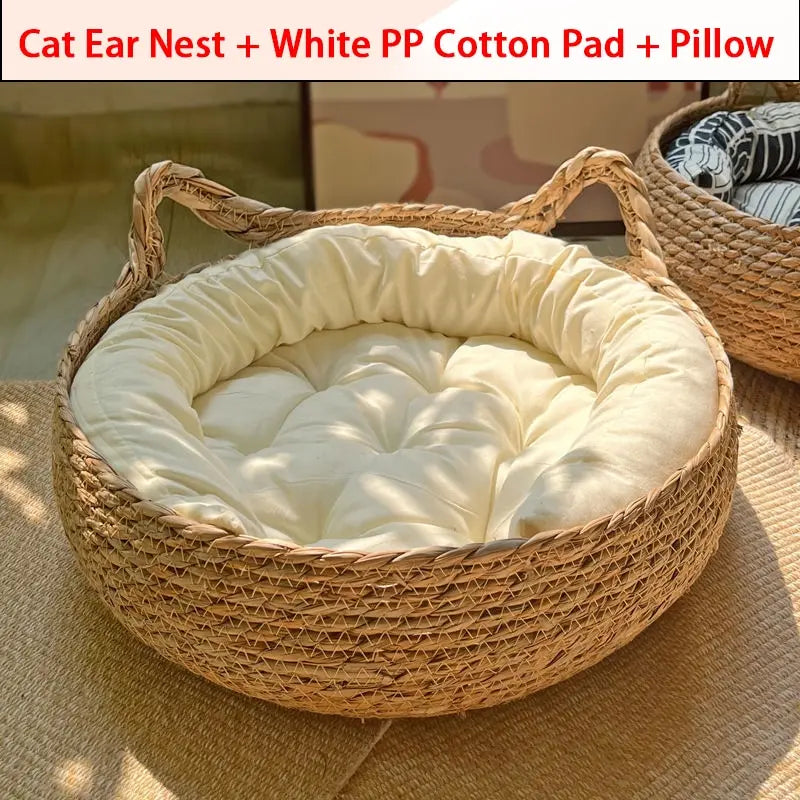 Summer Cat Bed Woven Removable Upholstery Sleeping House Cat Scratch Floor Rattan Wear-resistant Washable Cat Pet Supplies