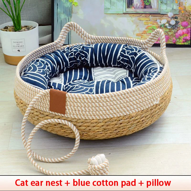 Summer Cat Bed Woven Removable Upholstery Sleeping House Cat Scratch Floor Rattan Wear-resistant Washable Cat Pet Supplies