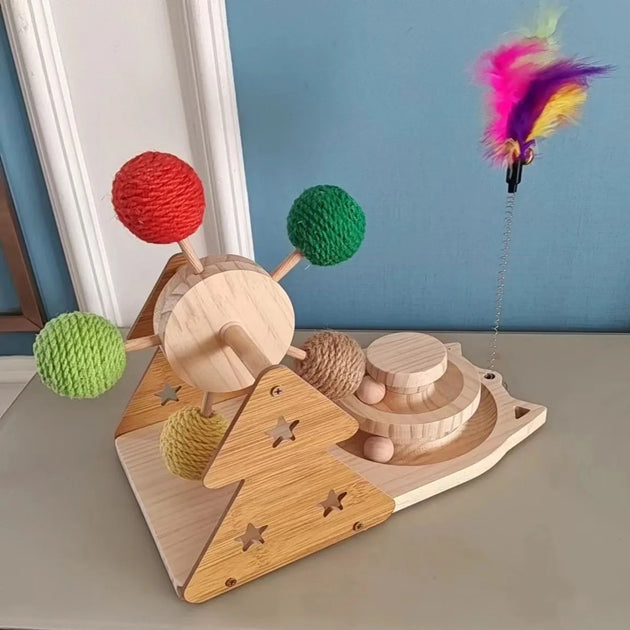 3-in-1 Multi-Functional Interactive Cat Toy Set - Interactive Ferris Wheel Sisal Ball, Cat Teaser Wand, And Solid Wood Cat
