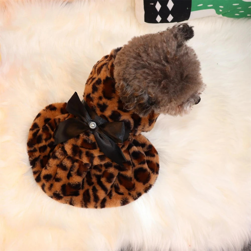 Autumn Winter Pet Dog Clothes Plush Coat Leopard Print Dress for Small Dog Cat Jacket Faux Fluffy Bowknot Skirt Bulldog Pug Pood