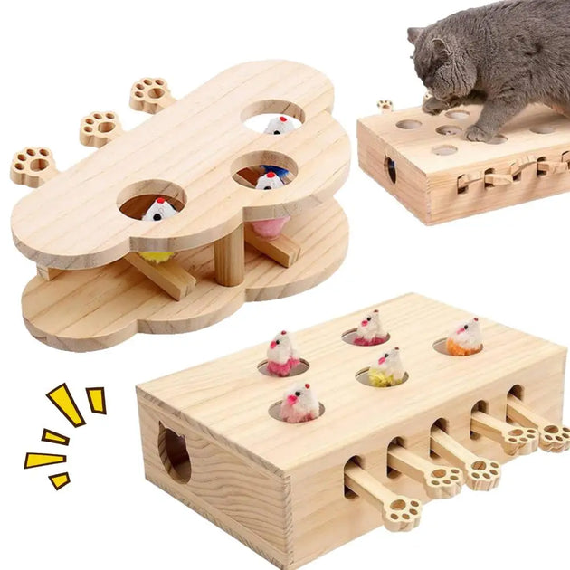 Funny Cat Hunt Puzzle Toy Wooden Maze Pet Hit Hamster Catch Bite Interactive Toys With 3/5holed Mouse Holes Cats Toy Pet Supplie
