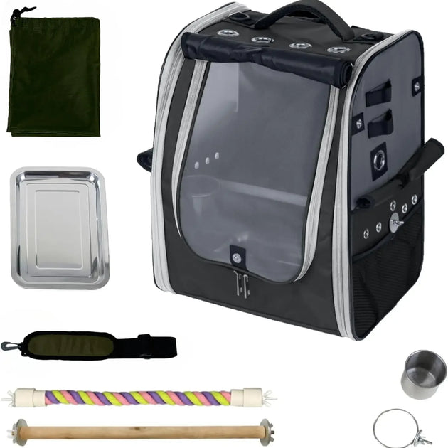 Carrier Backpack-Parrot Travel Cage with 2PCS Perch and Food Bowl, Stainless Steel Tray (Charcoal Gray, Small to Medium