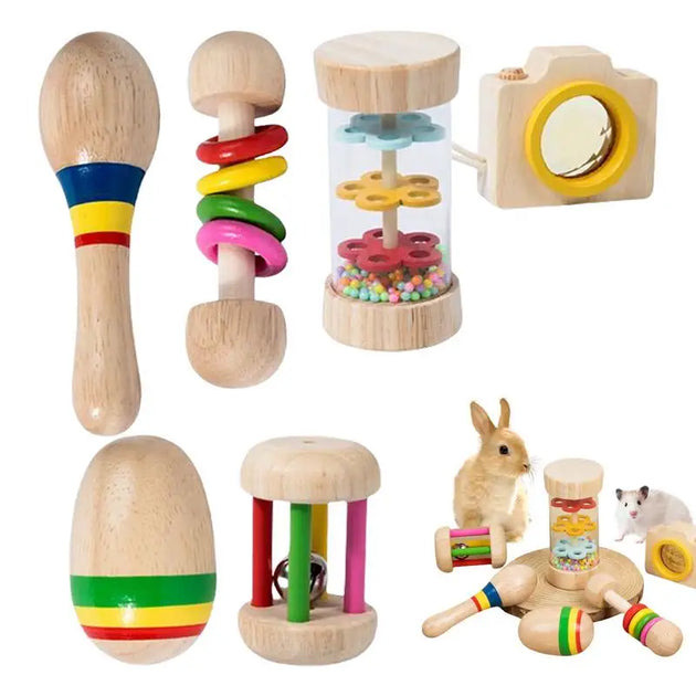 6pcs Cute Rabbit Toys Colorful Wooden roller rattle Chew Toys for Small Pet Molars Supplies Bite-Resistant Animal Accessories