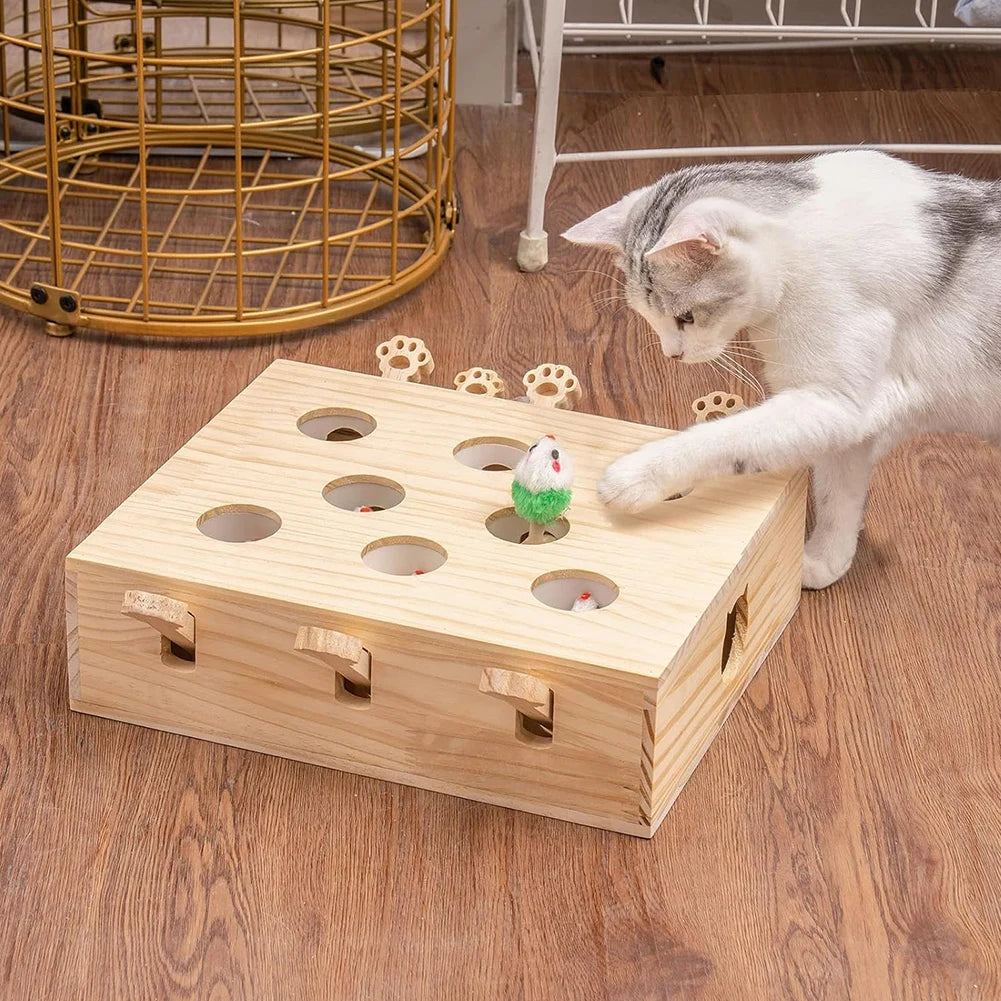 Funny Cat Hunt Puzzle Toy Wooden Maze Pet Hit Hamster Catch Bite Interactive Toys With 3/5holed Mouse Holes Cats Toy Pet Supplie