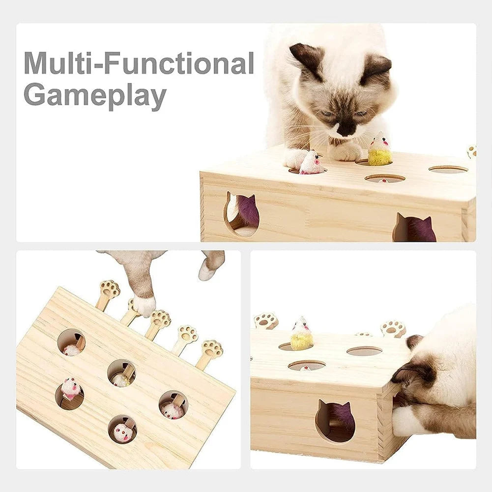 Funny Cat Hunt Puzzle Toy Wooden Maze Pet Hit Hamster Catch Bite Interactive Toys With 3/5holed Mouse Holes Cats Toy Pet Supplie