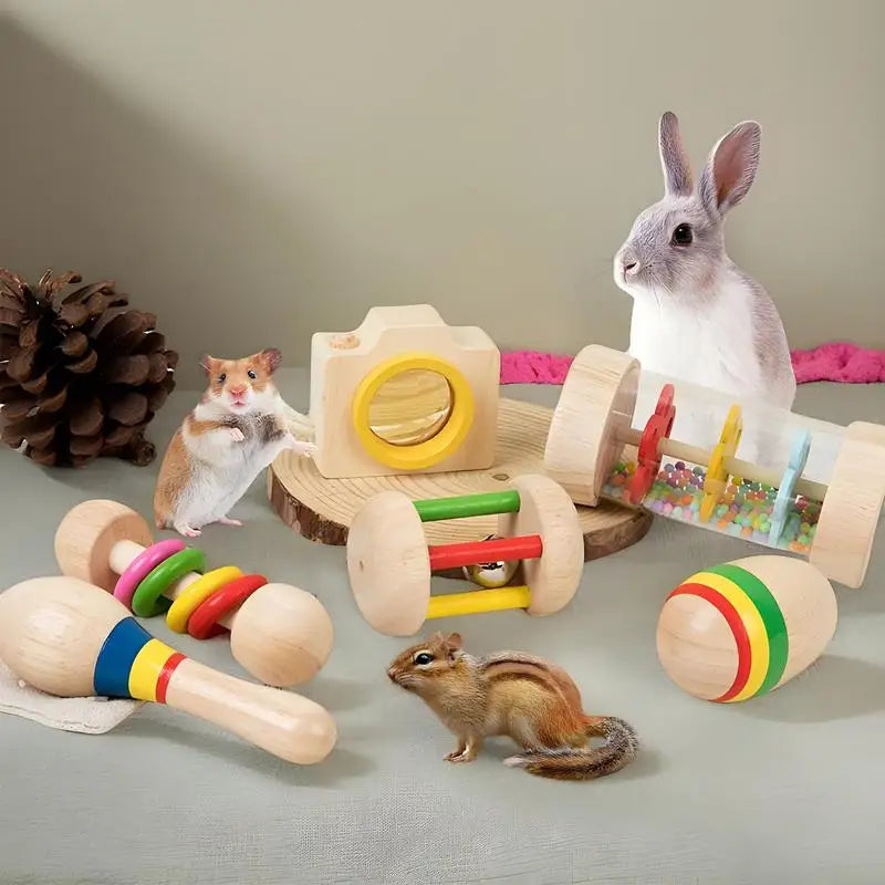 6pcs Cute Rabbit Toys Colorful Wooden roller rattle Chew Toys for Small Pet Molars Supplies Bite-Resistant Animal Accessories
